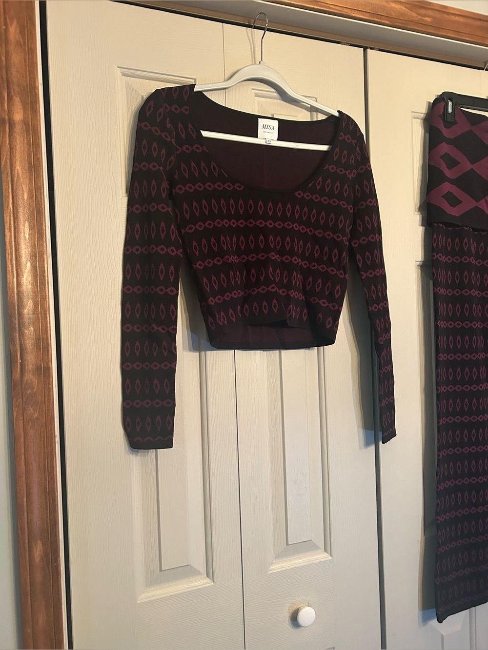MISA Los Angeles Cropped Knit Sweater - Black & Plum Pattern Set. Pants set